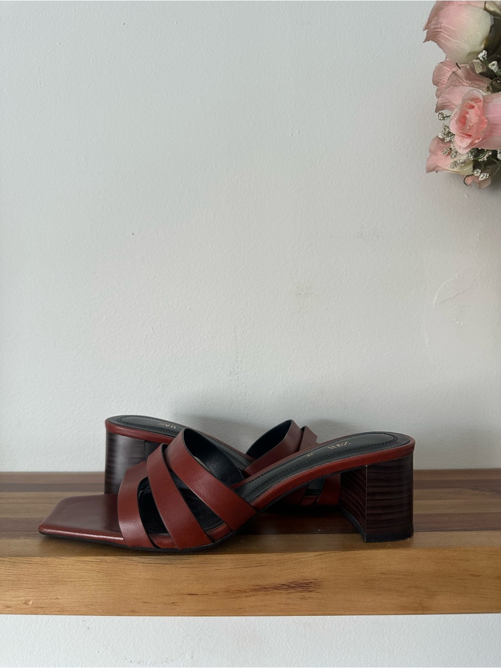 Brown Strappy Block Heel Mules